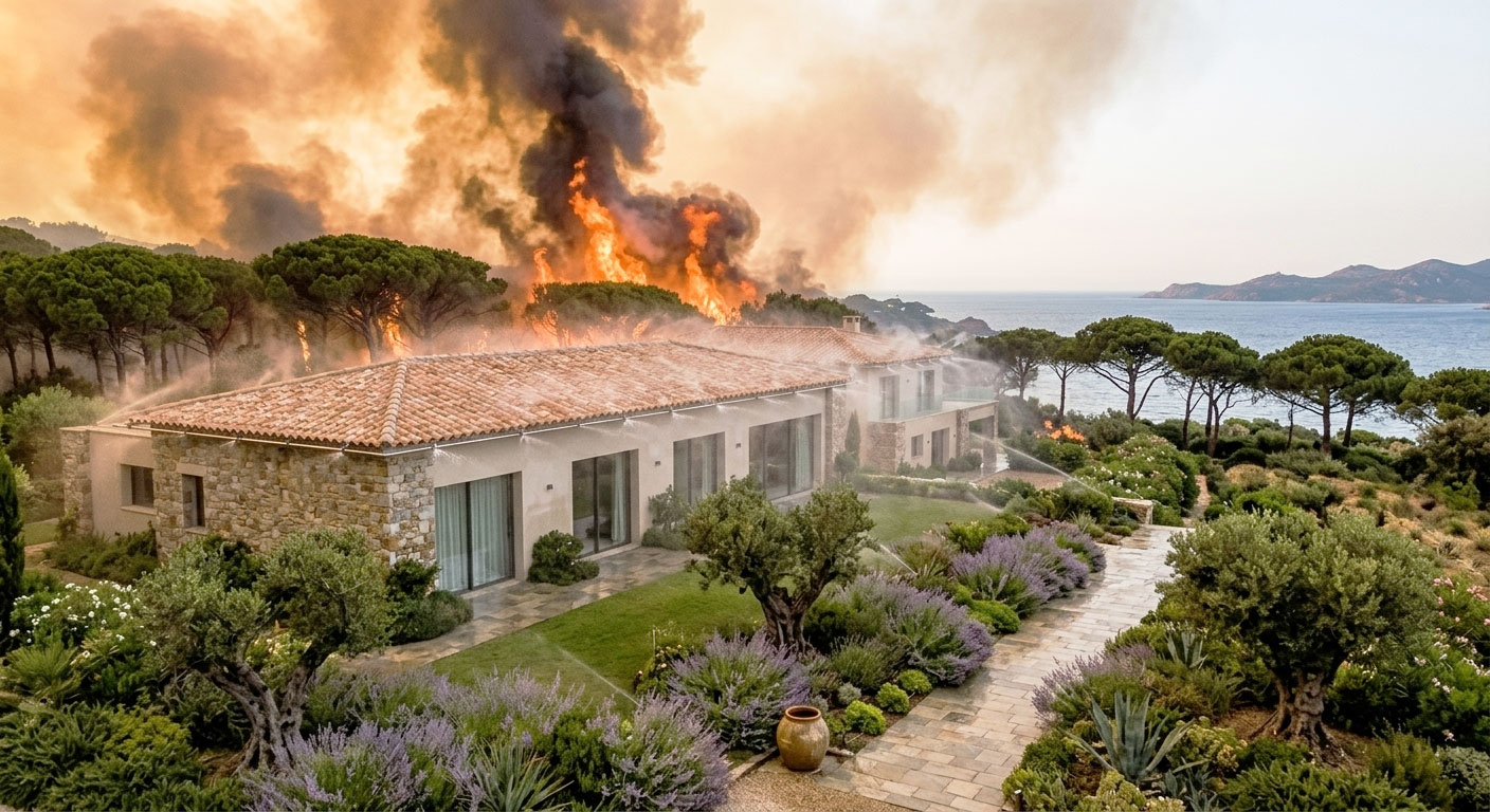mediterranée, maison, feu, incendie